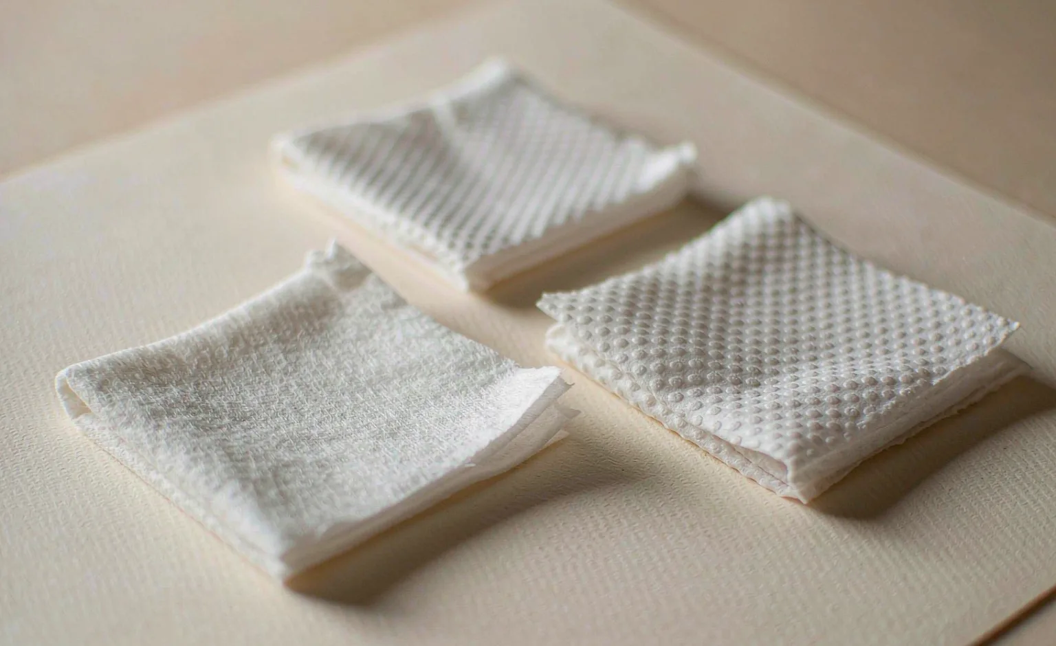 Three folded white nonwoven swatches of visibly different surface texture on a warm paper background.