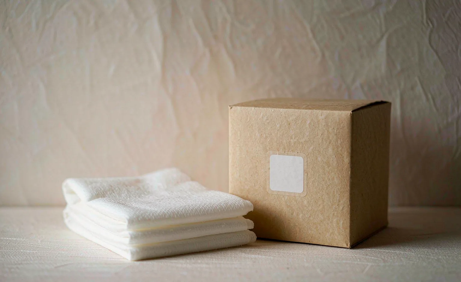 A plain white nonwoven face towel folded beside an unbranded kraft carton with a blank specification label.