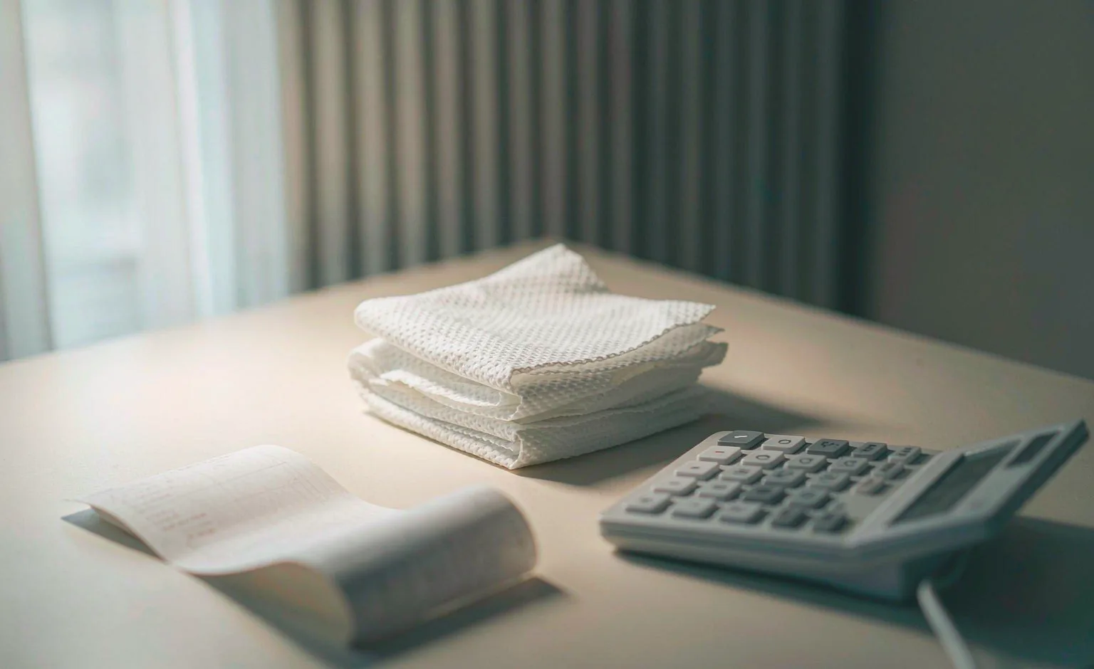 A printed receipt and a pocket calculator on a desk beside a folded white nonwoven sheet.