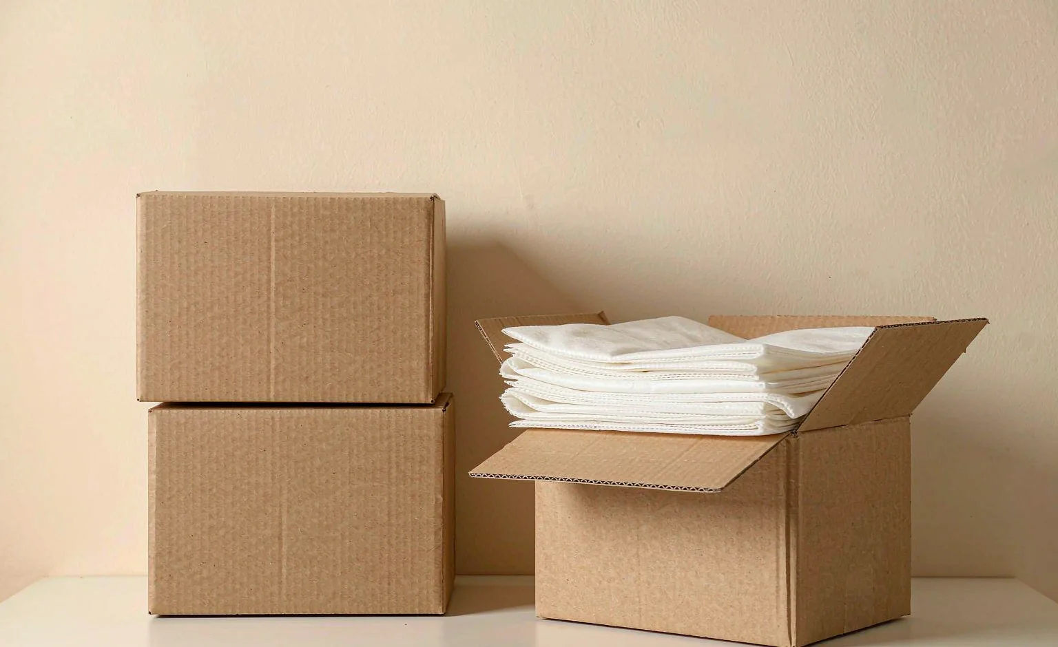 A plain shipping carton with a folded white nonwoven sheet resting on top, photographed in flat light.