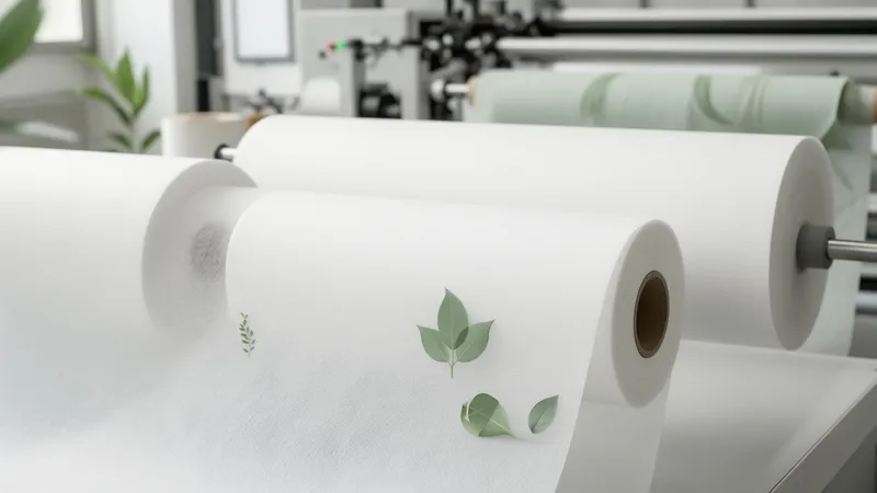 White spunlace nonwoven fabric running through a production line
